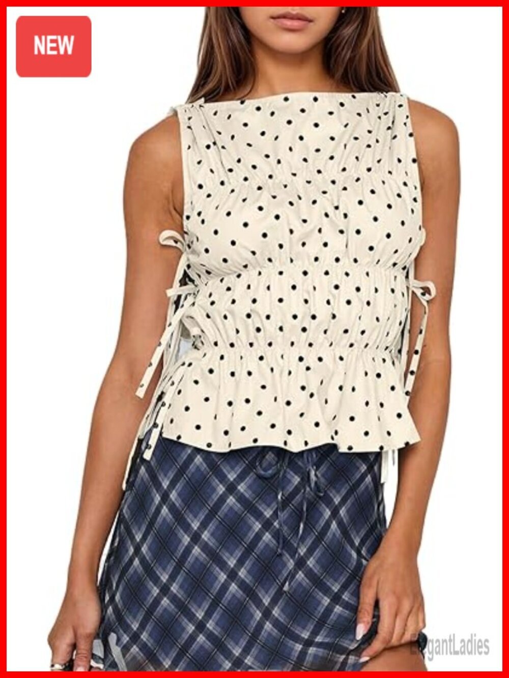 Polka Dot Sleeveless Peplum Top with Side Bow Tie Ruched Smocked Tank Boat Neck